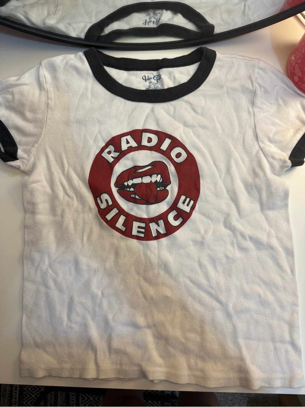 Brandy Melville White Tee with Black Trim and Red Graphic